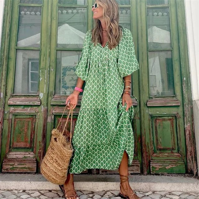 Damen Boho Blumen Bedrucktes Ibiza Kleid | Maxi