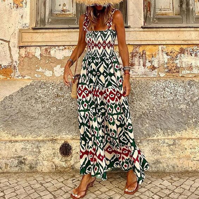 Damen Moderne Bedrucktes ärmelloses Ibiza Kleid | Maxi