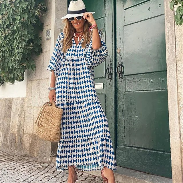 Damen Boho Blumen Bedrucktes Ibiza Kleid | Maxi