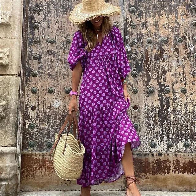 Damen Boho Blumen Bedrucktes Ibiza Kleid | Maxi