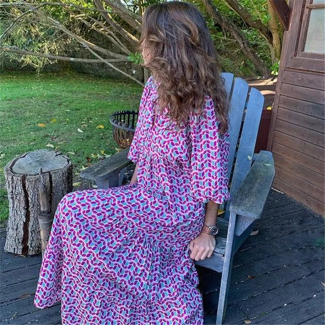 Damen Boho Blumen Bedrucktes Ibiza Kleid | Maxi